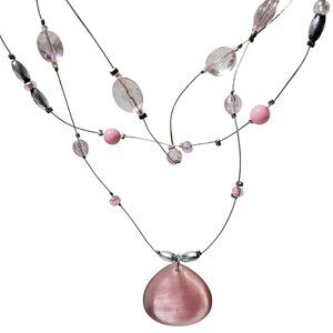 Elegant Pink Multi Strand Wire Necklace Glass Beads Teardrop Pendant Jewelry